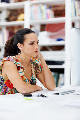 Buy stock photo Creative, review and woman with computer in office, serious and editing design assignment on website. Graphic designer, online and person with tech for project, brand identity and pride in business