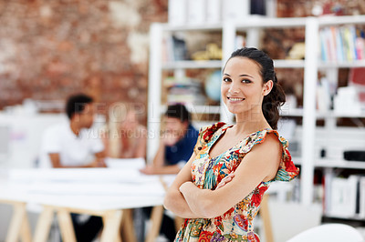 Buy stock photo Creative, woman and arms crossed in office portrait for editorial internship, career path or pride. Staff, editor intern and happy at agency for news reporting, editing experience and personal growth