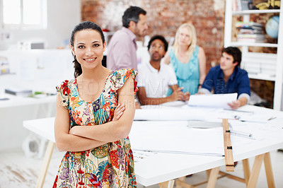 Buy stock photo Business, woman or arms crossed portrait in meeting for design planning, project manager or pride. Staff, interior designer and happy at agency for creative career, about us or professional ambition