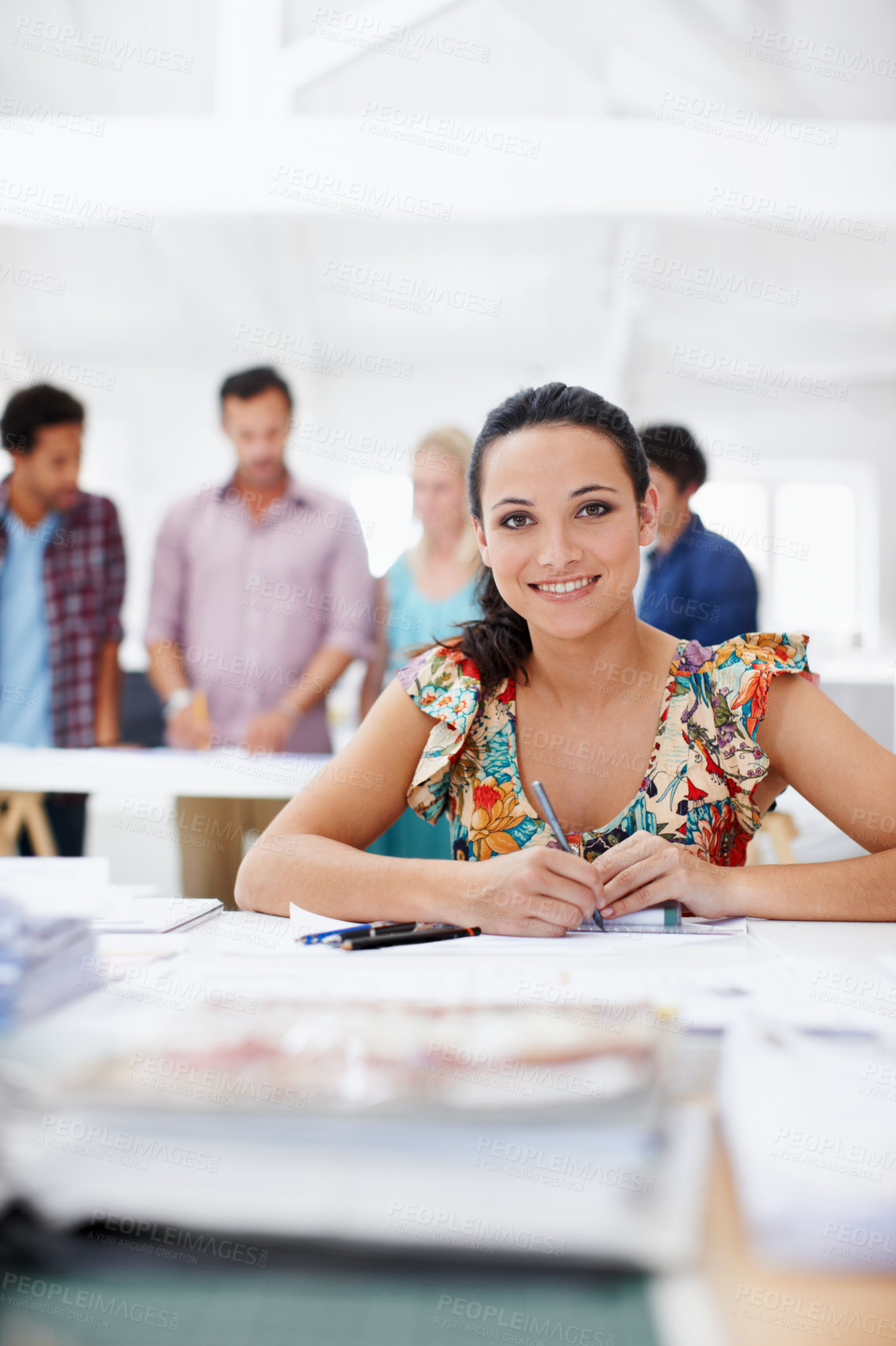 Buy stock photo Portrait, sketch and happy woman with paperwork in business, coworking or design career development. Confident, interior designer and person with pencil, creative and structural blueprint in office