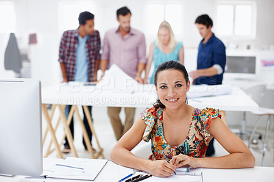 Buy stock photo Confident, portrait and happy woman with paperwork in office, coworking or design career development. Creative, interior designer and person with pencil, sketch and structural blueprint in business