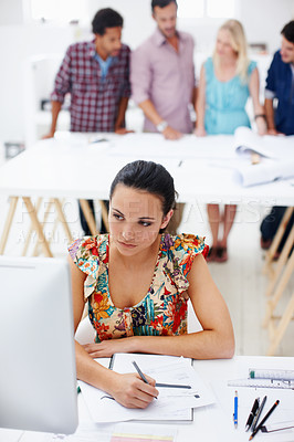 Buy stock photo Creative, sketch and woman with computer in business, serious and planning design assignment on web. Interior designer, coworking and person with tech for research, drawing and paperwork in office