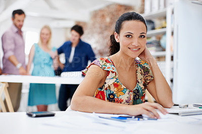 Buy stock photo Creative, woman or computer in office portrait for editorial expertise, blog research or about us. Staff, happy editor or tech at agency for news reporting, publishing industry or editing publication