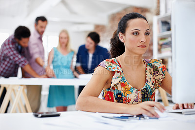 Buy stock photo Reading, online and woman with computer in office, creative and editing design assignment on website. Graphic designer, coworking and person with tech for project, brand identity or pride in business