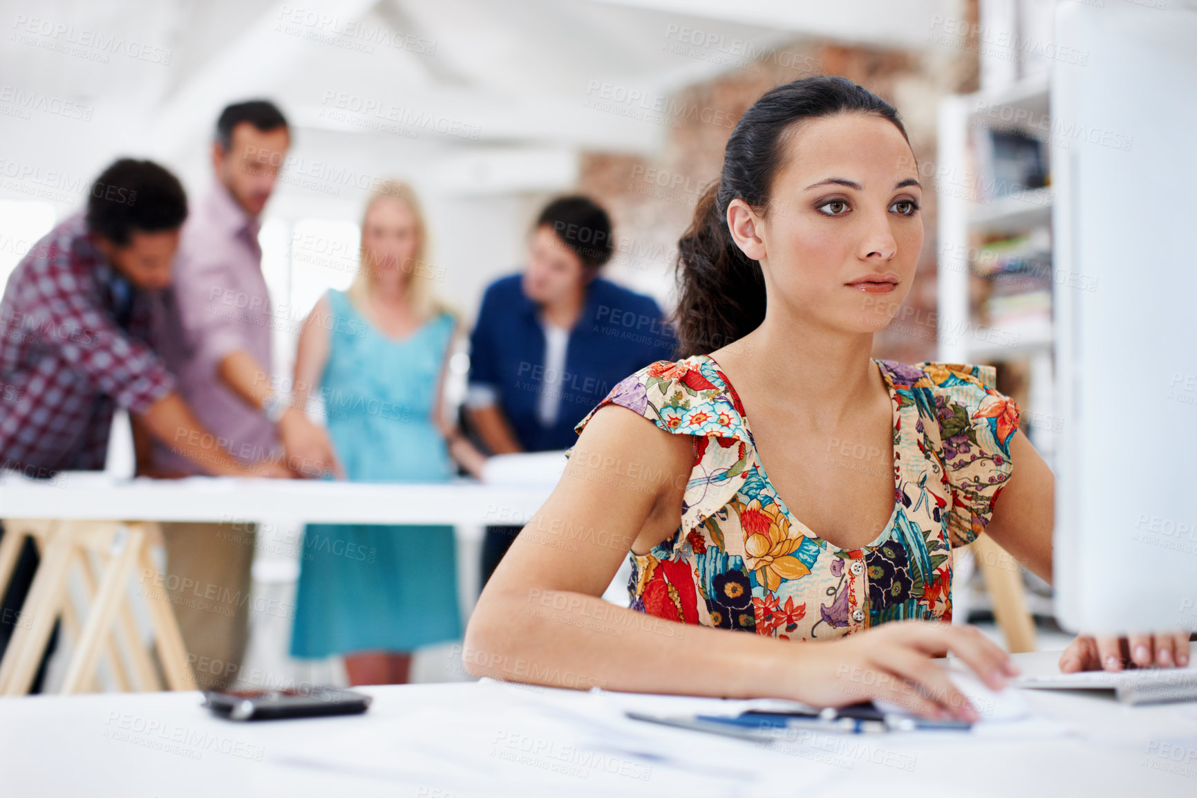 Buy stock photo Reading, online and woman with computer in office, creative and editing design assignment on website. Graphic designer, coworking and person with tech for project, brand identity or pride in business