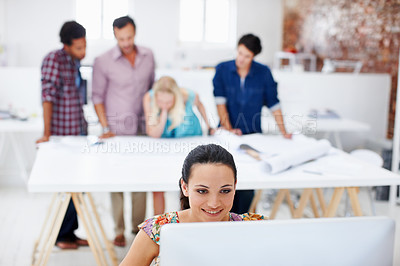 Buy stock photo Research, online and happy woman with computer in office, creative and editing design project on web. Graphic designer, coworking and person with tech for assignment and brand identity in business