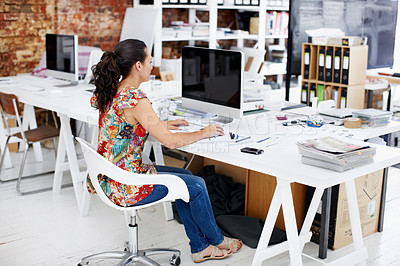 Buy stock photo Creative, research and woman with computer screen in office, online or editing design project on web. Graphic designer, reading and person with tech for assignment and brand identity in business