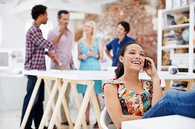 Buy stock photo Laughing, designer and happy woman with phone call in office for funny joke, humor or business. Creative, female person or employee talking with smile on smartphone for comedy or chat in workplace