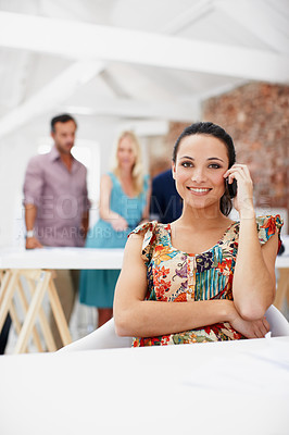 Buy stock photo Phone call, contact and portrait of businesswoman in office with communication for schedule plan. Cellphone, computer and magazine editor on mobile discussion for feedback on publishing at agency.