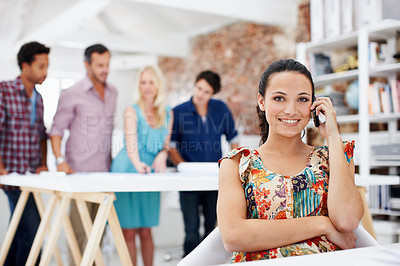 Buy stock photo Phone call, communication and portrait of businesswoman in office with planning for creative project. Cellphone, people and magazine editor on mobile discussion for feedback on publishing at agency.