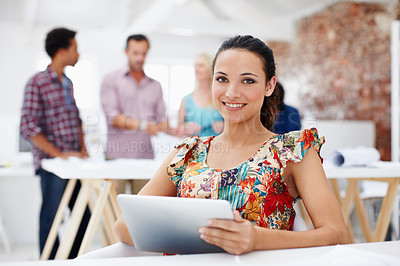 Buy stock photo Creative, woman or tablet in office portrait for fact checking article, blog research or about us. Staff, happy editor or tech at agency for news reporting, publishing industry or editing publication