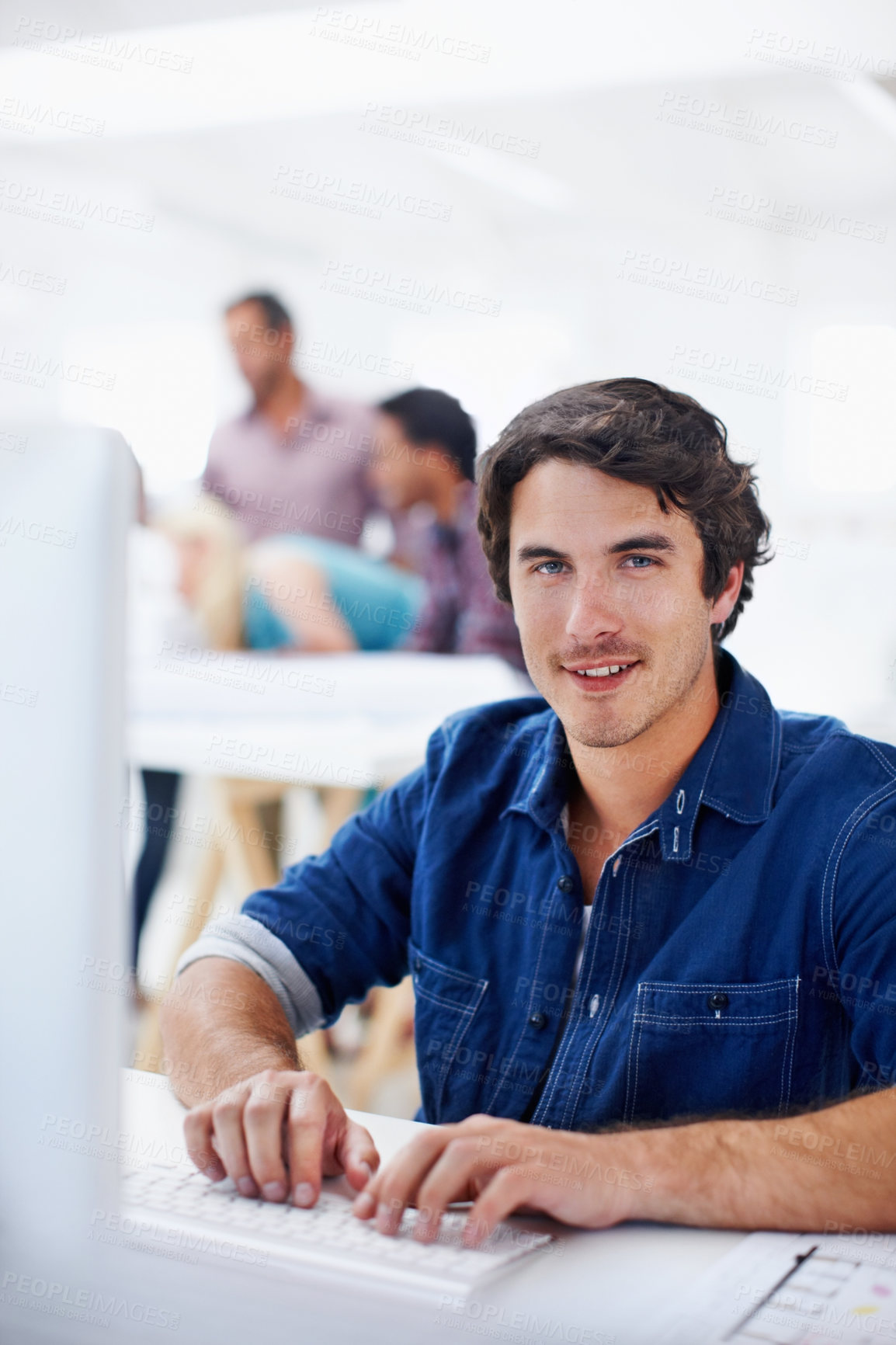 Buy stock photo Computer, portrait and businessman in office with research for creative project with publishing. People, technology and male magazine editor with email for feedback on article at startup agency.