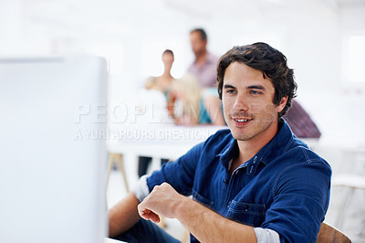 Buy stock photo Computer, professional and businessman in office with research for creative project with publishing. People, technology and male magazine editor with email for feedback on article at startup agency.
