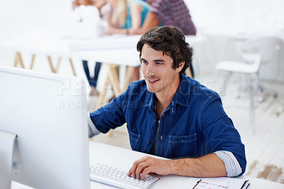 Buy stock photo Computer, typing and businessman in office with research for creative project with publishing. Reading, technology and male magazine editor with email for feedback on article at startup agency.