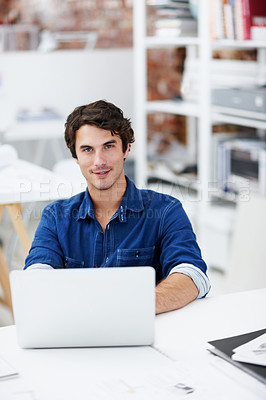 Buy stock photo Laptop, portrait and businessman in office with research for creative project with publishing. Professional, computer and male magazine editor with email for feedback on article at startup agency.