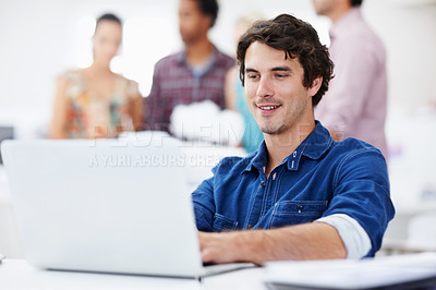 Buy stock photo Laptop, reading and businessman in office with research for creative project with publishing. People, technology and male magazine editor on computer with email for feedback on article at startup.