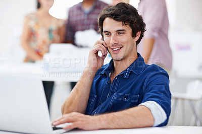 Buy stock photo Architecture, phone call and man on laptop in office for communication, contact or contractor update. Happy, talking and person on tech for conversation, discussion and feedback for building project