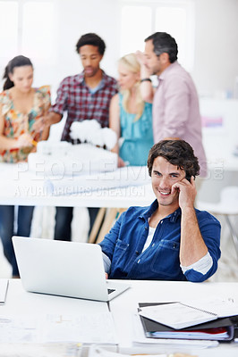 Buy stock photo Architecture, phone call and portrait of man in office for communication, contact or contractor update. Happy, talking and person on tech for conversation, discussion or feedback for building project