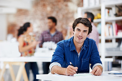 Buy stock photo Creative, portrait and happy man with sketch in office, paperwork or pride for design career growth. Confident, interior designer and person with pencil, drawing and structural blueprint in business
