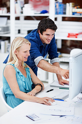 Buy stock photo Creative, computer and business people for meeting, advice and feedback for online project. Team, happy and workers on pc for research, planning and website design for advertising agency in office