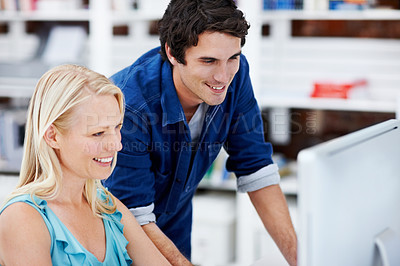 Buy stock photo Office, computer and business people for meeting, planning and feedback for online project. Team, creative and happy workers on pc for research, advice and website design for advertising agency