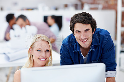 Buy stock photo Creative, portrait and business people on computer for meeting, planning and feedback for online project. Team, happy and workers on pc for research, advice and website design for advertising agency