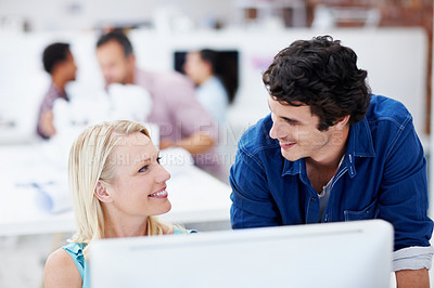 Buy stock photo Architecture, computer and business people for meeting, planning and feedback for online project. Team, happy and workers on pc for research, advice and property design for creative agency in office