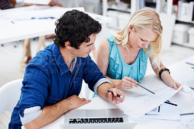 Buy stock photo Blueprint, laptop and team of architects in office with planning for building or construction project. Discussion, people and designers with paperwork for renovation or maintenance in workplace.