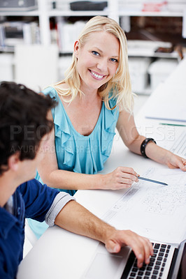 Buy stock photo Architect, team or happy woman with documents in office for building plan or design together. Portrait, female person or smile with colleague, paper or floor layout for construction project or ideas