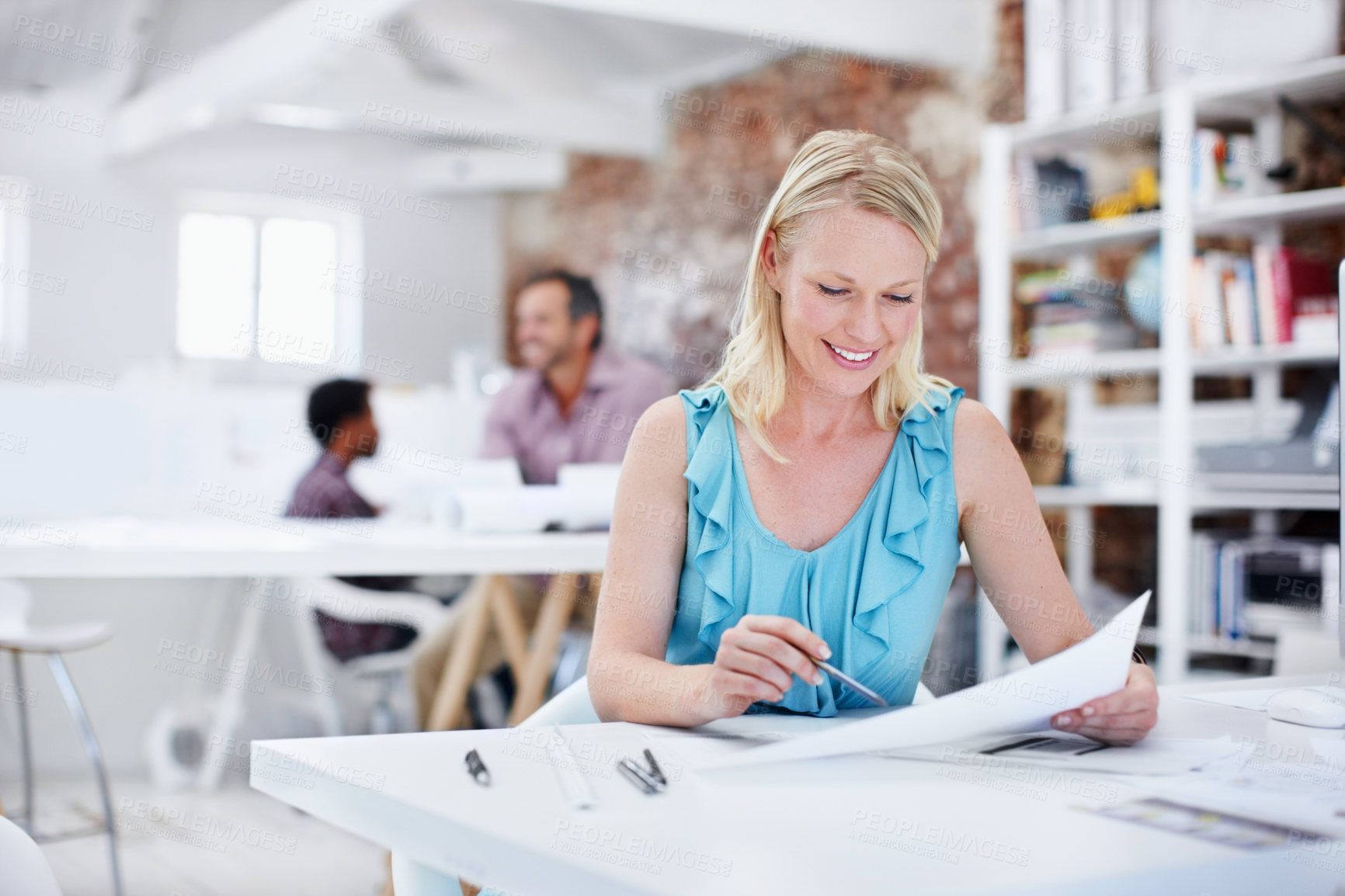 Buy stock photo Architecture, creative and woman in office with documents, blueprint and building permit for property. Construction, happy and person with paperwork for compliance report, renovation plan and layout