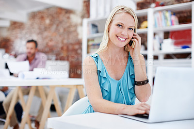 Buy stock photo Designer, portrait or happy woman with phone call in office for business discussion or conversation. Smile, female person or creative employee talking on smartphone with laptop for communication