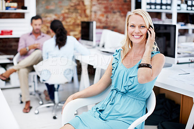 Buy stock photo Designer, portrait or happy woman with phone call for business discussion or conversation in office. Smile, female person or creative employee talking on smartphone for mobile communication in agency