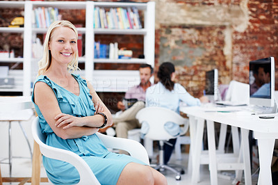 Buy stock photo Portrait, designer or happy woman with confidence in creative office for business pride or ambition. Female person, employee or smile with arms crossed for career or job opportunity in workplace
