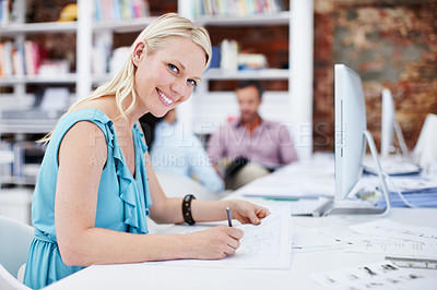 Buy stock photo Creative, portrait and happy woman with blueprint in business, drawing or design career development. Interior designer, coworking and person with pencil, sketch and structural floor plan in office