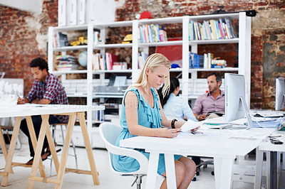 Buy stock photo Business, woman and reading in office with document, proofreading and draft update of manuscript. Editor, coworking and review in workplace with paperwork, copywriting information and story feature