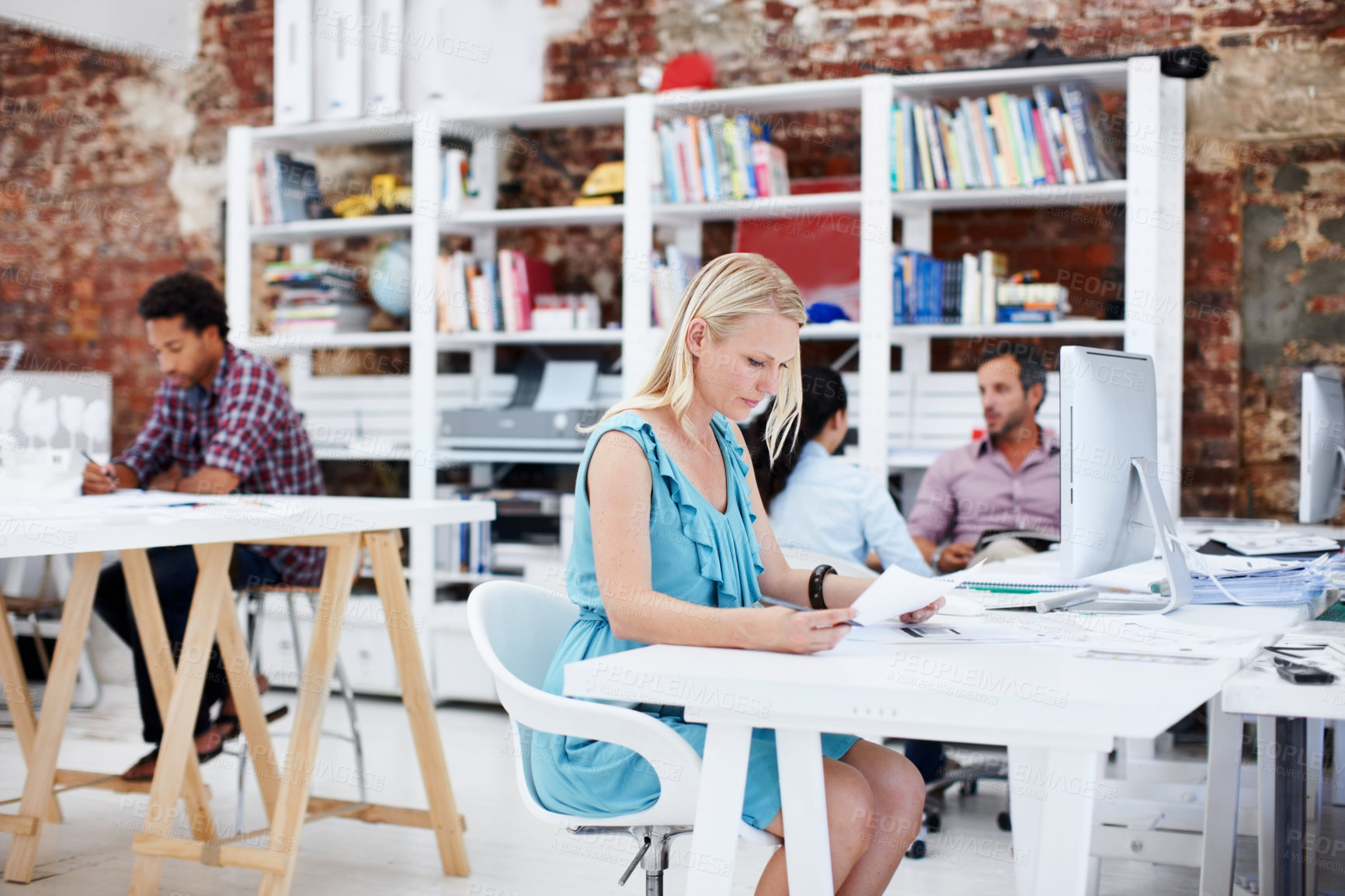 Buy stock photo Business, woman and reading in office with document, proofreading and draft update of manuscript. Editor, coworking and review in workplace with paperwork, copywriting information and story feature