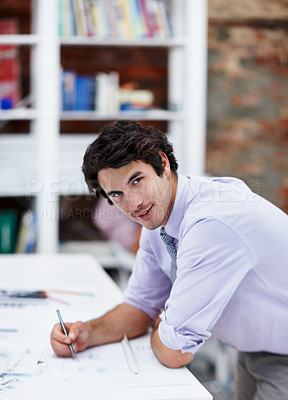 Buy stock photo Creative, portrait and happy man with floor plan in office, sketch or pride for design career growth. Confident, interior designer and person with pencil, drawing and structural blueprint in business