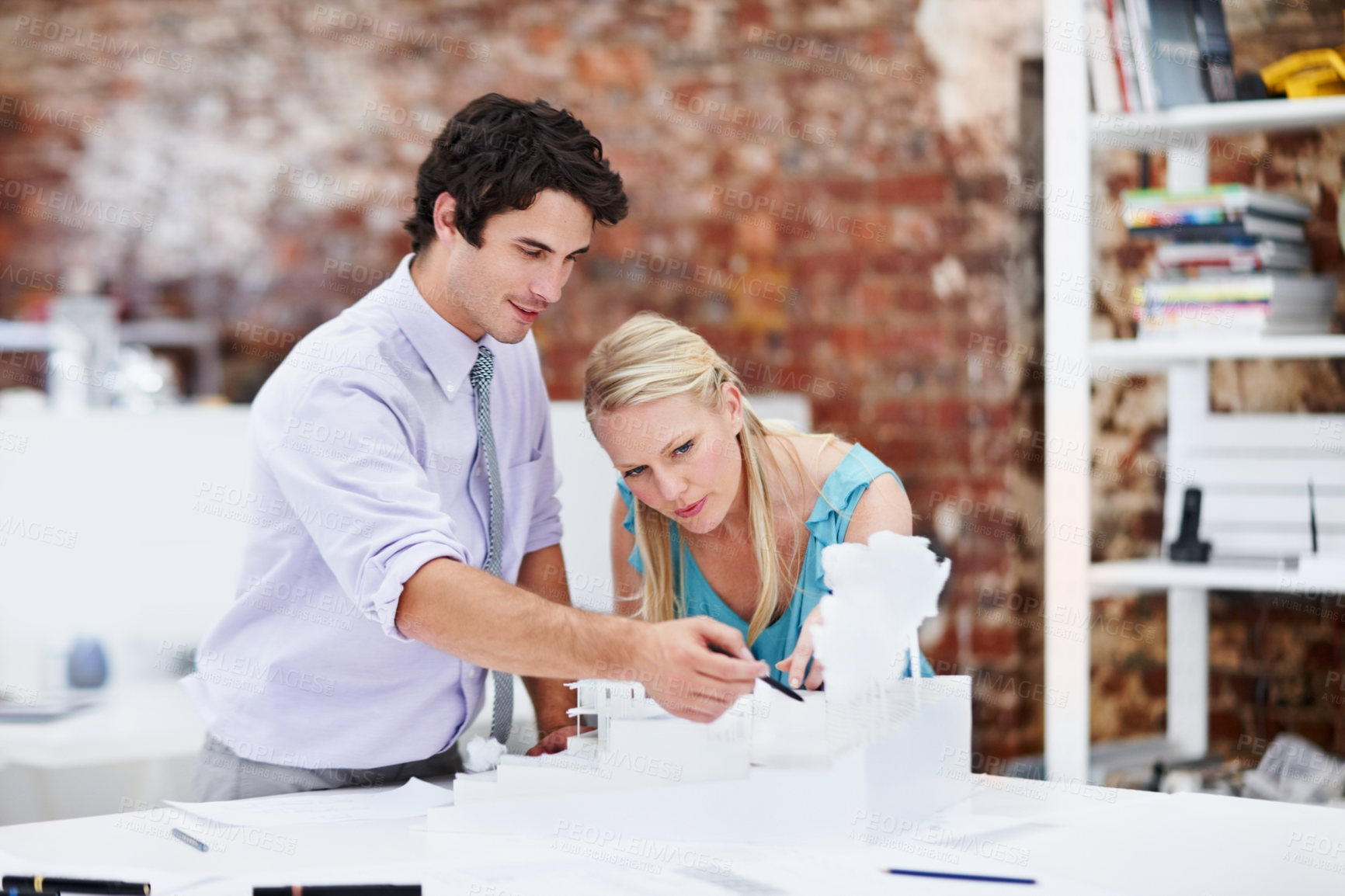 Buy stock photo Architecture, team and people in office with model, 3d blueprint and building layout for property. Construction, happy and workers with design for engineering, remodeling and renovation project