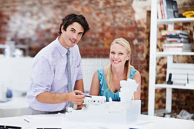 Buy stock photo Architecture, portrait and people in office with model, 3d blueprint and planning for building layout. Construction, happy and workers with design for engineering, remodeling and renovation project