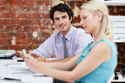 Buy stock photo Documents, happy and business people in office with research for creative project with teamwork. Discussion, smile and portrait of magazine editors with paperwork for article publishing in workplace.