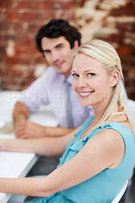 Buy stock photo Woman, portrait and architect with smile in office for creative development or building ambition. Female person, employee or happy designer with coworker or pride for business project or design