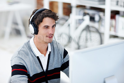 Buy stock photo Computer, headphones and businessman in office with project on software development with music. Happy, audio tech and male web designer listening to playlist with research on programming in workplace