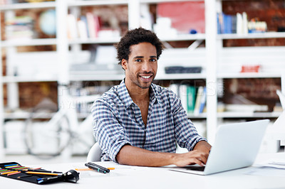 Buy stock photo Architect, portrait or happy man with laptop in office for building design or construction planning. Male person, contract designer or civil engineer with smile on computer for architecture project