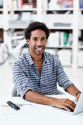 Buy stock photo Creative, man or happy with laptop in office for editing submission, proofreading draft or about us. Editor portrait, black person or tech for digital notes, fact check article or editorial expertise