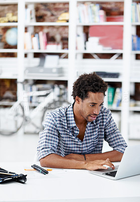 Buy stock photo Business, black man and typing in office with laptop, research and proofreading for copywriting. Male person, reading and workplace with tech, editing article and draft update for story submission