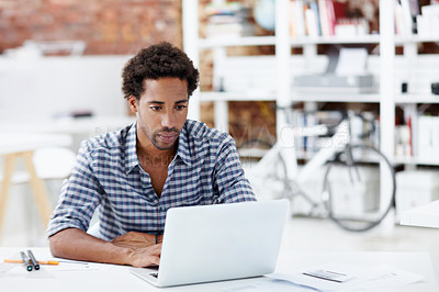 Buy stock photo Architect, man or design with laptop in office for building, planning or online research. Male person, contractor or civil engineer with computer or documents for construction or architecture project