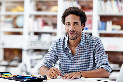 Buy stock photo Architect, portrait and happy man with documents in office for construction planning or design. Male person, building designer or civil engineer with smile or paperwork for architecture project