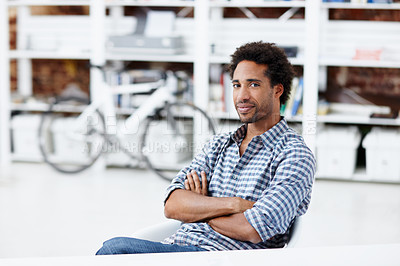 Buy stock photo Creative, portrait and African man with crossed arms, confidence and smile for marketing career. Happy, business and person in office for about us, ambition or pride for opportunity at startup agency
