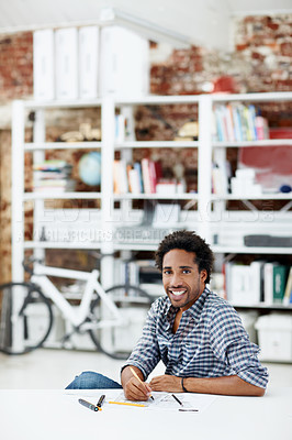 Buy stock photo Happy, architect and blueprint in office portrait for drafting design, scale drawing and space. Architecture, black man and sketch on floor plan for spatial layout, building elevations and about us