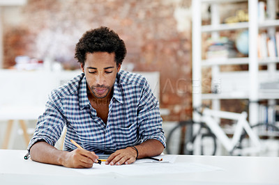 Buy stock photo Creative, sketching and man in office with pencils, marketing plan or logo development in idea generation. Advertising, drawing or designer with pen, content strategy or storyboard for brand campaign